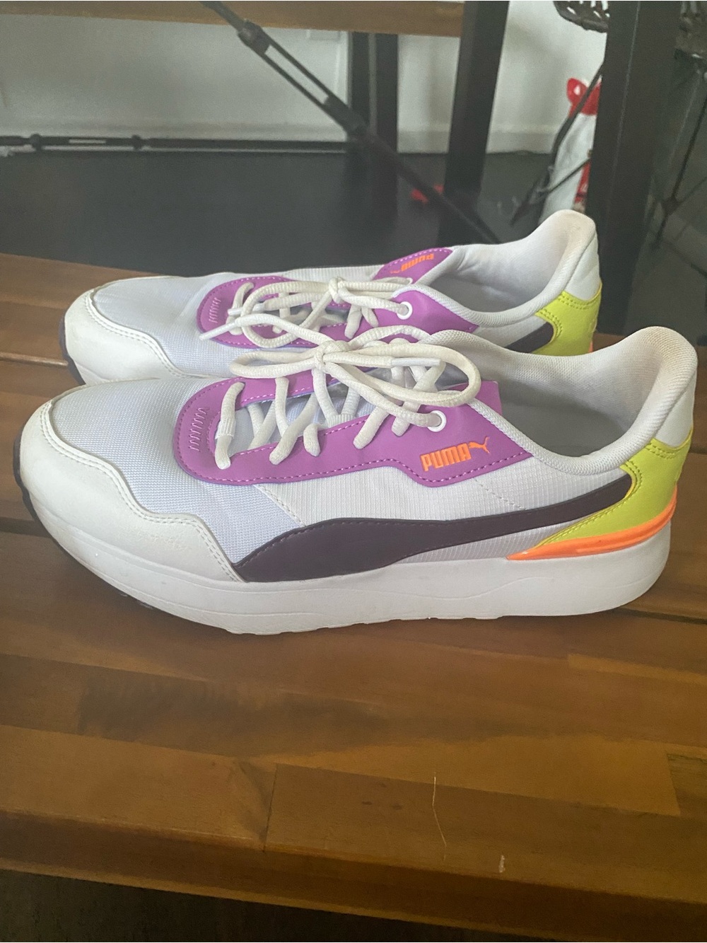 Puma White Sneakers with Purple, Neon Yellow and Orange Accents